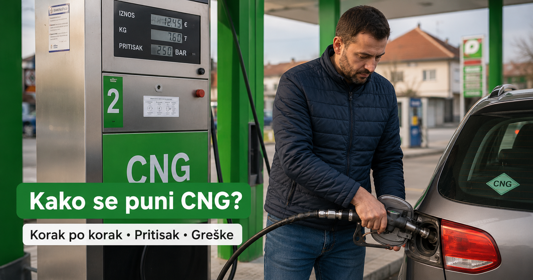 Kako funkcionišu punjenje metana (CNG) korak-po-korak, pritisak i greške